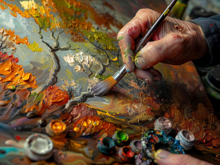 Close up of artist's hand painting a vibrant, colorful oil landscape with textured strokes.の素材