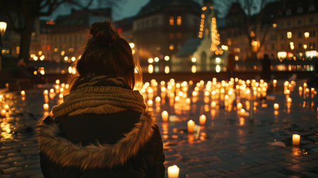 Rear view of a woman observing a candlelit vigil in an urban square as evening fallsの素材