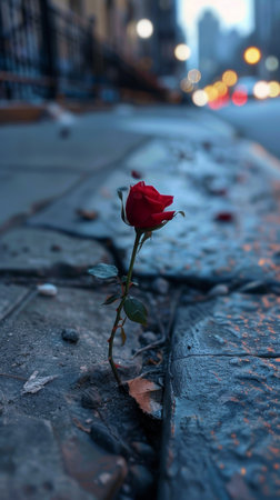 A single red rose stands resilient among the concrete of a city street at twilightの素材