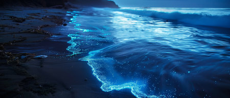Glowing blue bioluminescent waves washing ashore on a dark beach at night.の素材