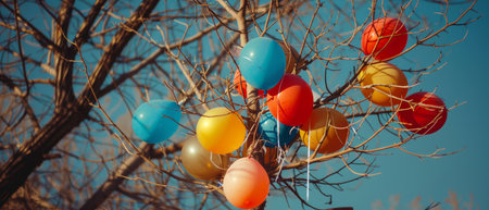 Multicolored balloons tangled in the branches of a leafless treeの素材