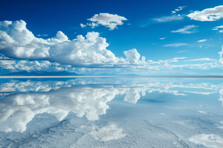 Vast salt flat perfectly mirrors a blue sky dotted with fluffy clouds, creating a serene landscapeの素材
