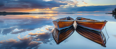 Two wooden rowboats floating on a mirror-like lake under a vibrant sunrise skyの素材
