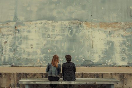 Rear view of a young couple sitting on bench staring at a textured wallの素材
