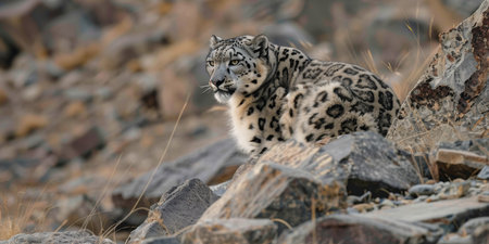 Wild snow leopard sitting in its rocky mountain habitat at duskの素材