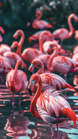 Group of pink flamingos in water with reflections, wildlife and nature sceneの素材