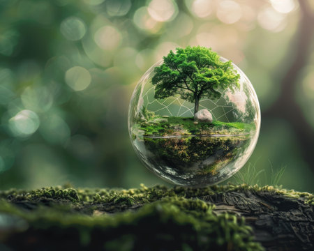 Conceptual image of a green sustainable world inside a transparent glass sphere.の素材