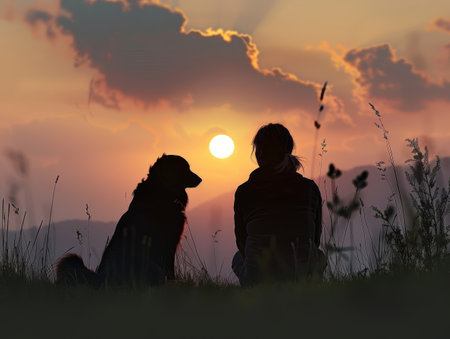 Silhouette of a person and dog sitting together at sunsetの素材