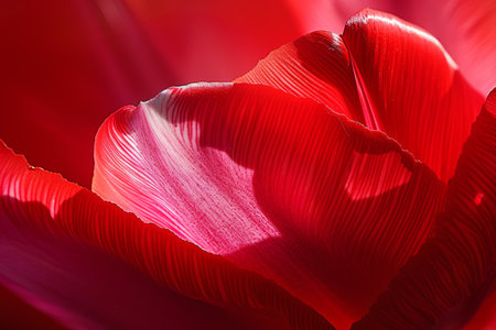 Closeup of vibrant red tulip petals with soft light highlighting texturesの素材