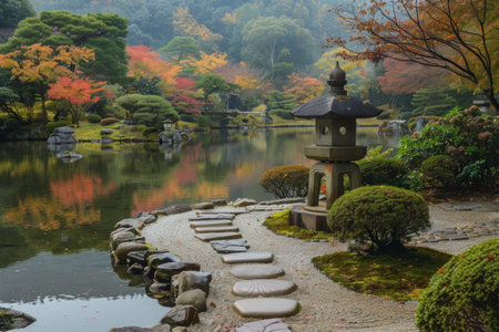 Tranquil Japanese garden with colorful autumn foliage reflected in a still pond.の素材