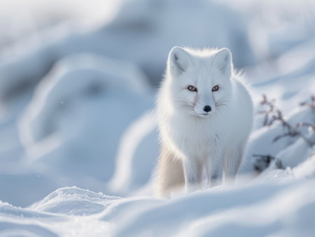 White arctic fox standing in a snow-covered landscape, with a soft gaze and clear eyes.の素材