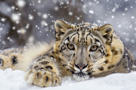 Close up of a snow leopard lying in snow with falling snowflakesの素材