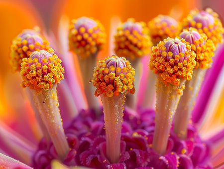 Macro shot of colorful flower stamens with pollen particlesの素材