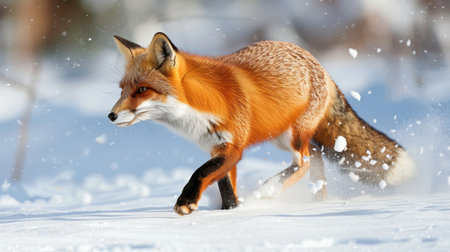Red fox in mid-stride with snowflakes fluttering aroundの素材