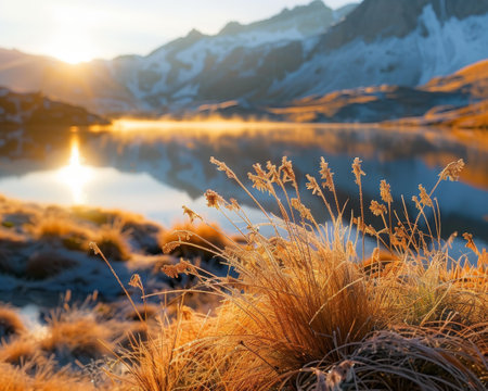 The first light of sunrise casts a golden glow over a still mountain lake and grasses.の素材