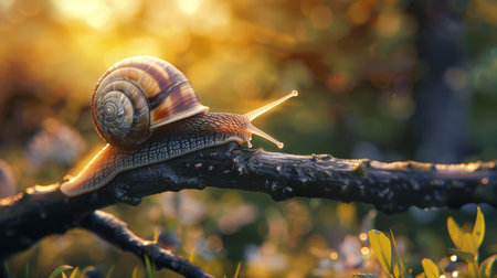 Snail on branch during golden hour, bokeh light enhancing its journey