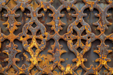 Rustic ornamental ironwork with rust texture, detailing aged metal craftsmanshipの素材