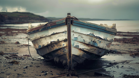 Abandoned weathered boat resting on a sandy shore during low tide, moody sky overhead.の素材