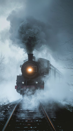 A vintage steam train emerges from the foggy landscape, lights cutting through the mist.の素材