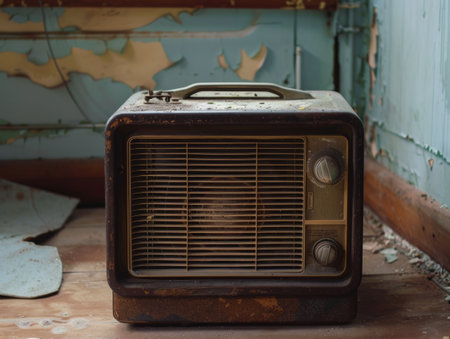 Vintage brown radio with rust, set in a room with peeling paint and decay.の素材