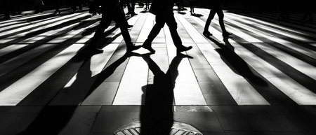 High contrast black and white image of pedestrians crossing striped pathway.の素材