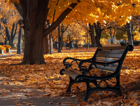 Empty bench in a park covered with golden autumn leaves.の素材