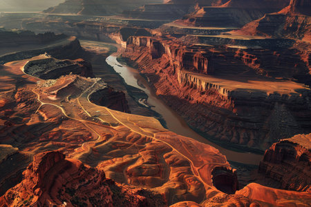 Majestic canyon landscape with a winding river illuminated at sunset.の素材