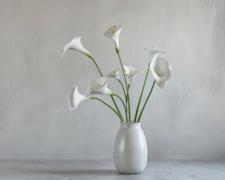 Elegant white calla lilies arranged in a simple gray vase, creating a minimalist and serene display on a neutral background.の素材