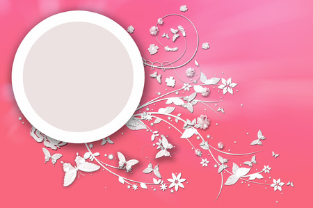 Butterflies and Flowers on the Pink Background with Lafe Circleの写真素材
