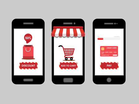 Online shopping, red shop icon set on smartphone, vectorのイラスト素材