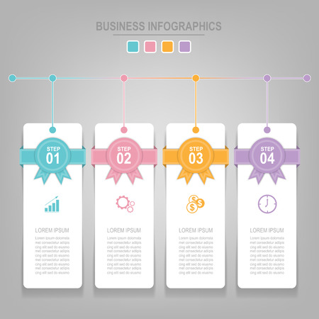 Infographics template of four steps on squares, tag banner element, work sheet, flat design of business icon, pastel vectorのイラスト素材