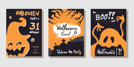 Three frames, set of Halloween for your designs such party invitations, greeting cards, posters,etc. by handwritten, vector illustrationのイラスト素材