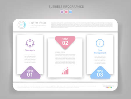 Infographic template of three parts on work sheet, tag banner, flat design of business icon, vector such as  teamwork, graph, and time management.のイラスト素材