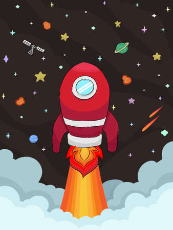 Red space craft lunch to the galaxy, flat design space vehicle on dark brown background with stars,...