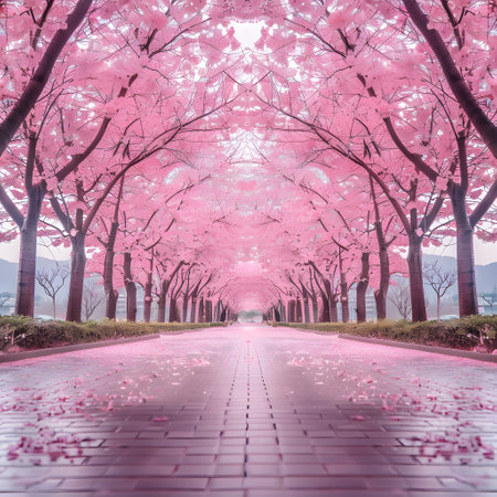 Cherry blossoms in the park with pathway, Sakura season in spring.の素材