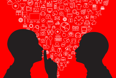 Man quiets the other. Red background. Illustration.のイラスト素材