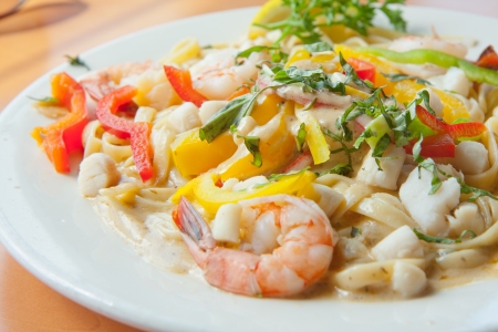 Delicious Seafood fettuccine pastaの写真素材