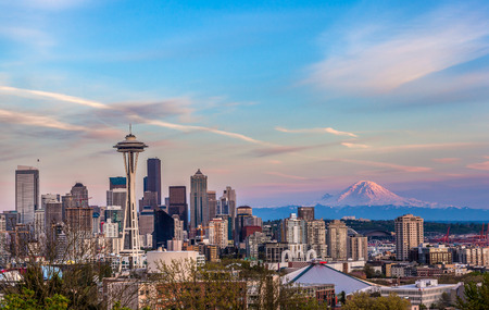 Seattle downtown skyline and Mt  Rainier at sunset  WA from Kerry park 