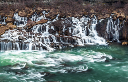 hraunfossar waterfall in Icelandの写真素材