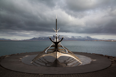 REYKJAVIK, ICELAND - April 03:  Solfar sculpture (Sun Voyager) in Reykjavik, Iceland on April 03, 2014. It is located by S?braut, by the sea in the centre of Reykjav?k, Icelandのeditorial素材