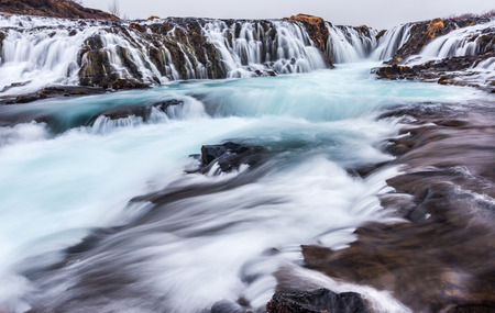 Beautiful cascade bruarfoss waterfall in Iceland close upの写真素材