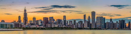Chicago downtown skyline and lake michigan at sunset, Illinoisの写真素材