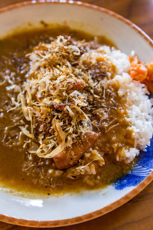 Fried baby octopus curry rice and dried fishの写真素材