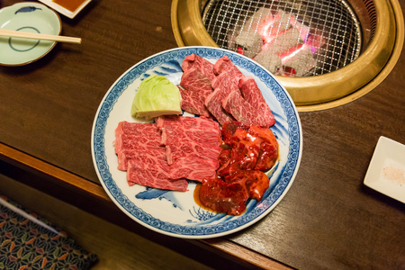 Japanese style raw beef for BBQ grill - close upの写真素材