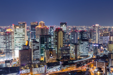 Osaka downtown skyline from Umeda sky building at night, Japanのeditorial素材
