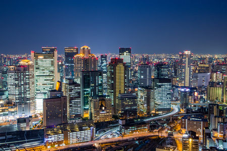 Osaka downtown skyline from Umeda sky building at night, Japanのeditorial素材
