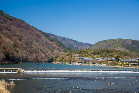 Arashiyama mountain and Katsura river in Kyoto, Japan.の写真素材