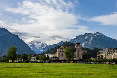 Beautiful landscape of Interlaken downtown with jungfrau peak, Switzerland.のeditorial素材