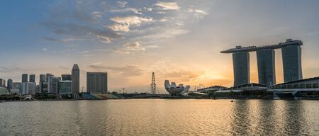 Panorama view of Singapore Marina bay skyline at sunrise, Singapore.のeditorial素材