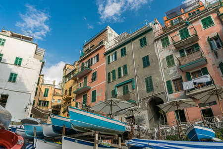 Riomaggiore, Liguria, Italy - October 05 2017:  Street view of old fisherman village, Riomaggiore,...